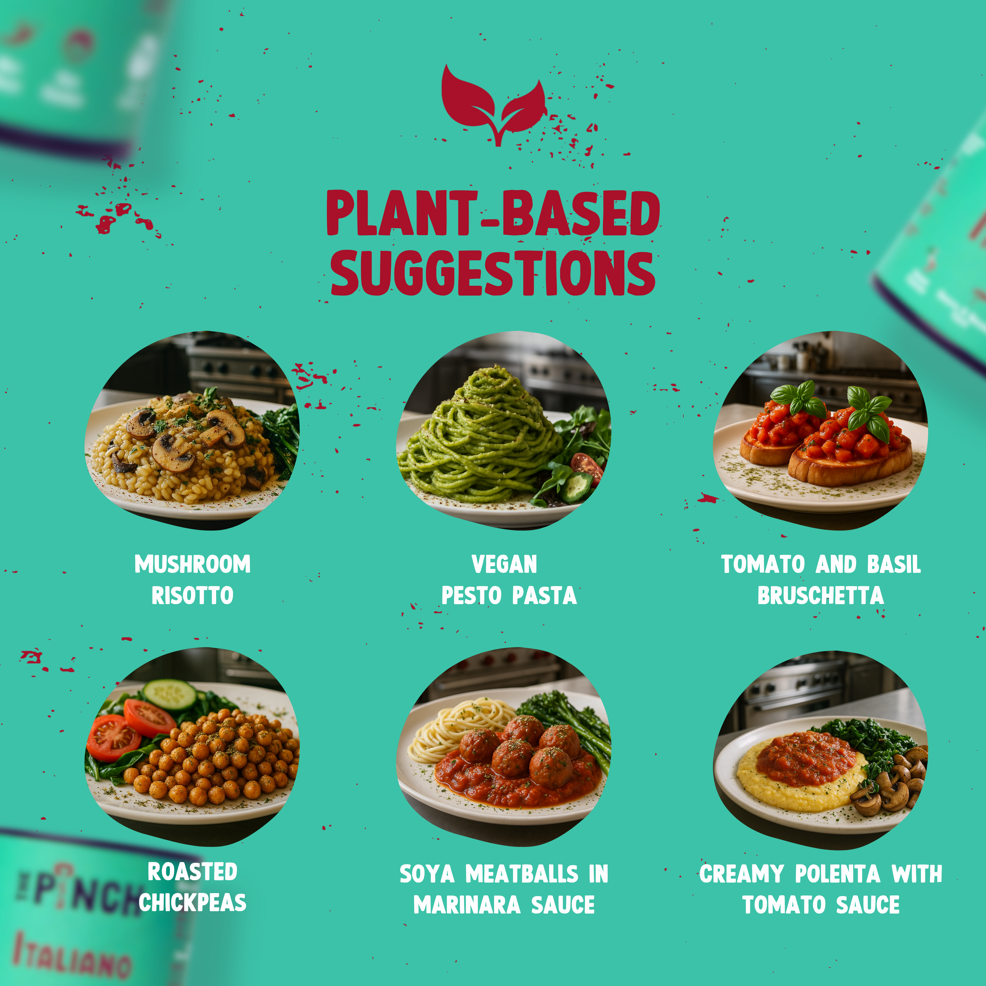 Plant-based food suggestions with images and descriptions on a teal background