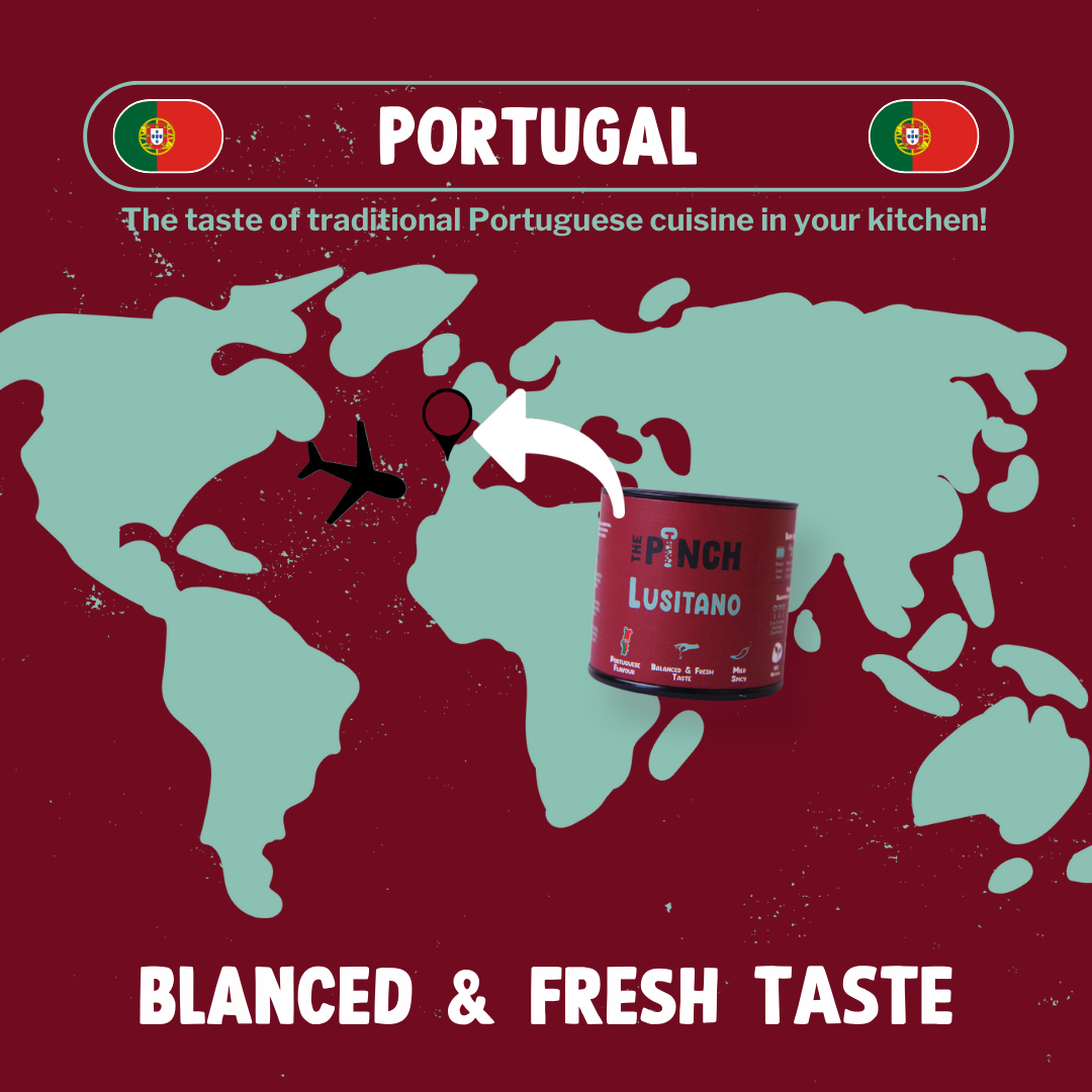 Promotional graphic for Portuguese cuisine with a world map and a can labeled 'Lusitano'.