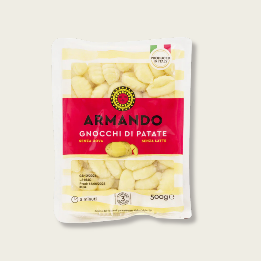 Packaging of Armando potato gnocchi on a white background
