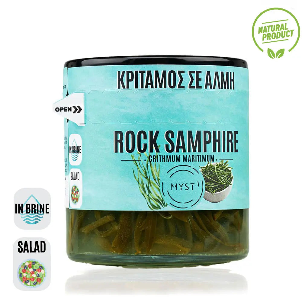 Jar of rock samphire with a blue label on a white background
