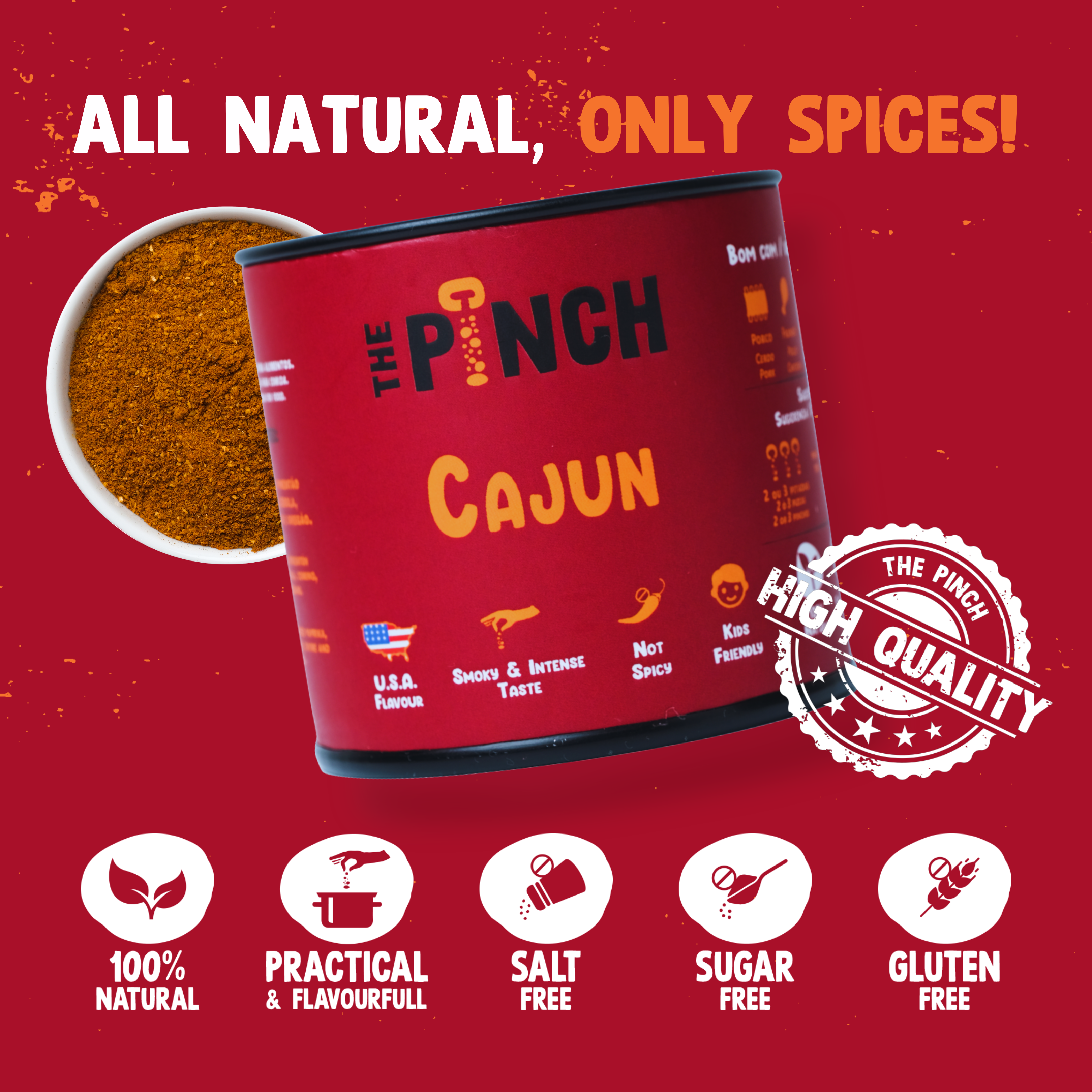 Red container of 'The Pinch Cajun' spice mix with text and icons on a red background