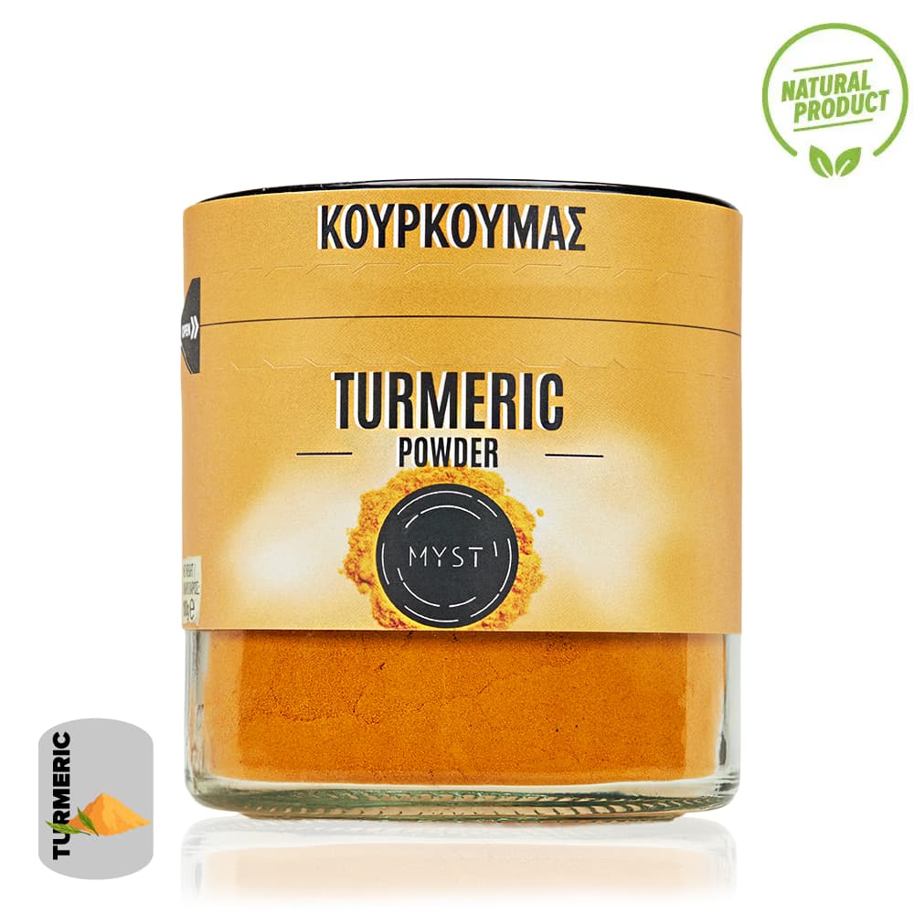 Jar of turmeric powder with a yellow label and 'Natural Product' logo.