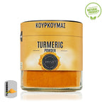 Jar of turmeric powder with a yellow label and 'Natural Product' logo.