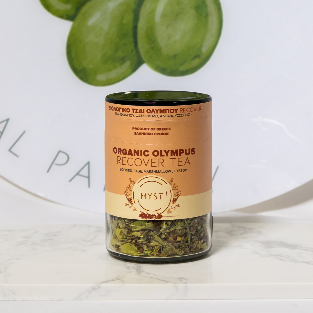 Jar of Organic Olympus Recover Tea with green leaves in the background