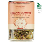 Organic Olympus Recover Tea packaging with dried herbs inside, featuring Myst brand.
