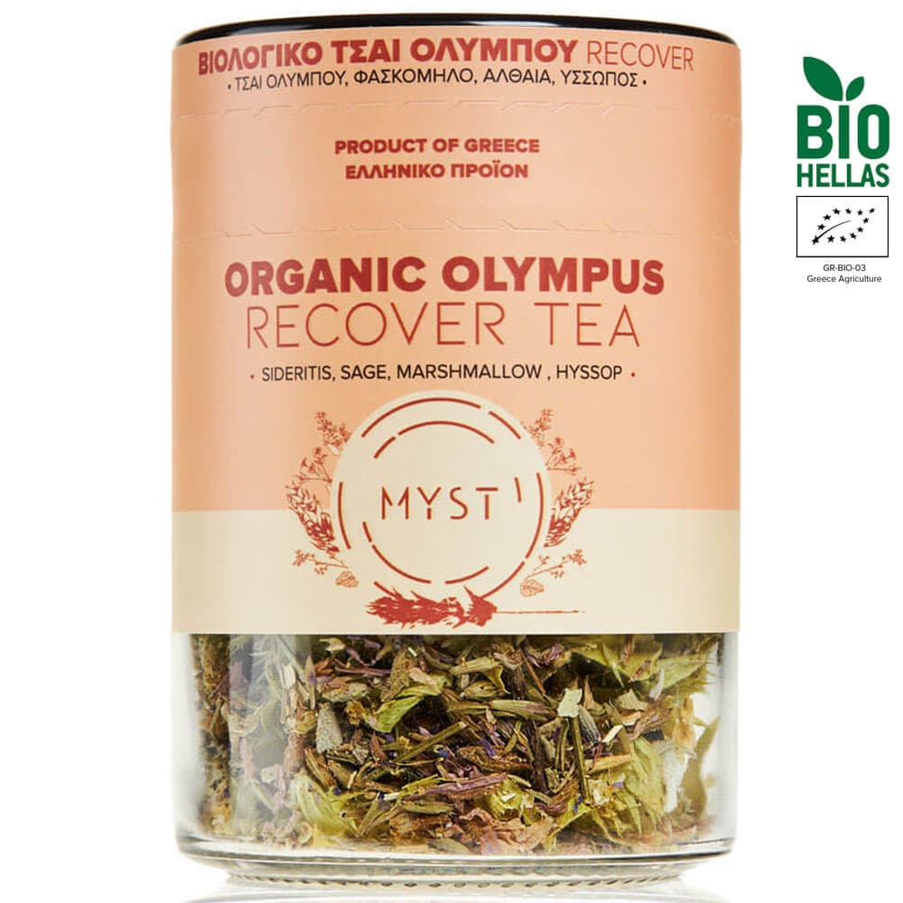 Organic Olympus Recover Tea packaging with dried herbs inside, featuring Myst brand.