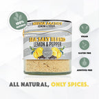 Jar of sea salt blend with lemon and pepper flavor on a white background