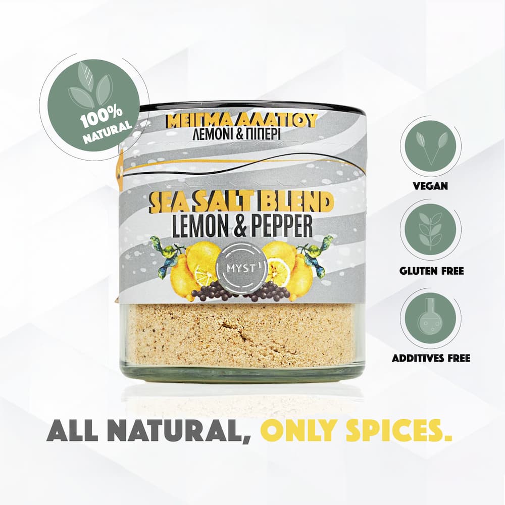 Jar of sea salt blend with lemon and pepper flavor on a white background