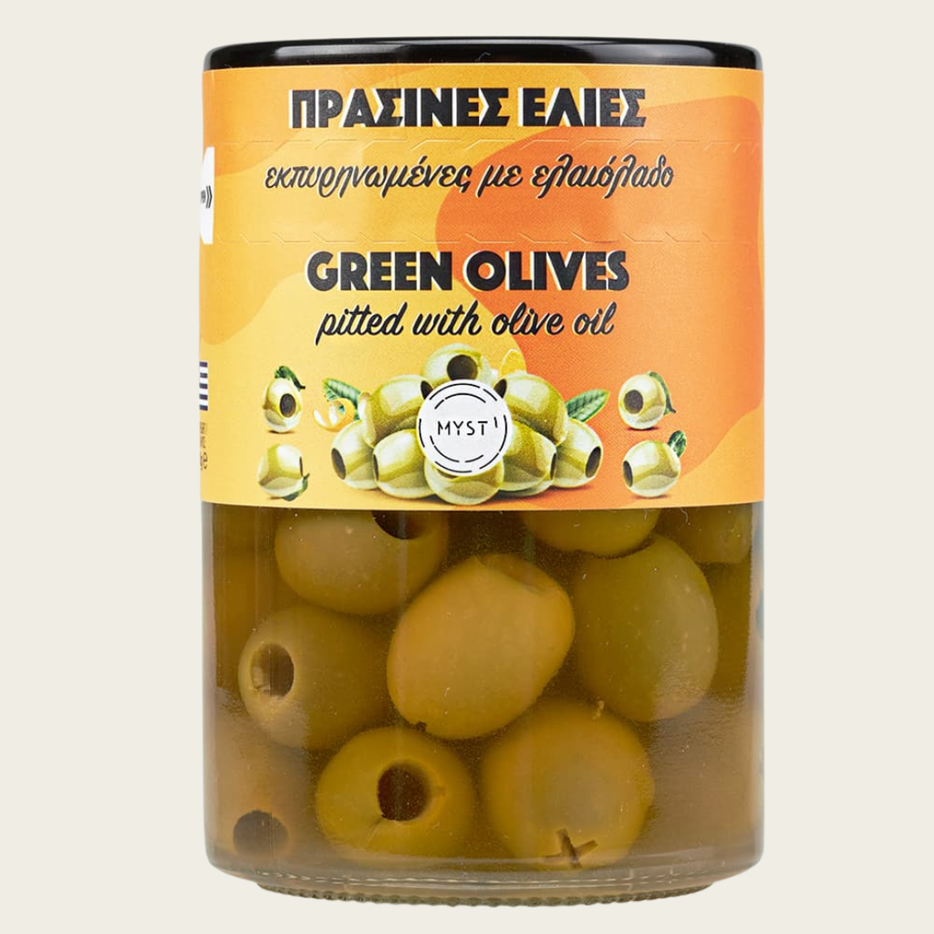 Can of green olives with a yellow label on a white background