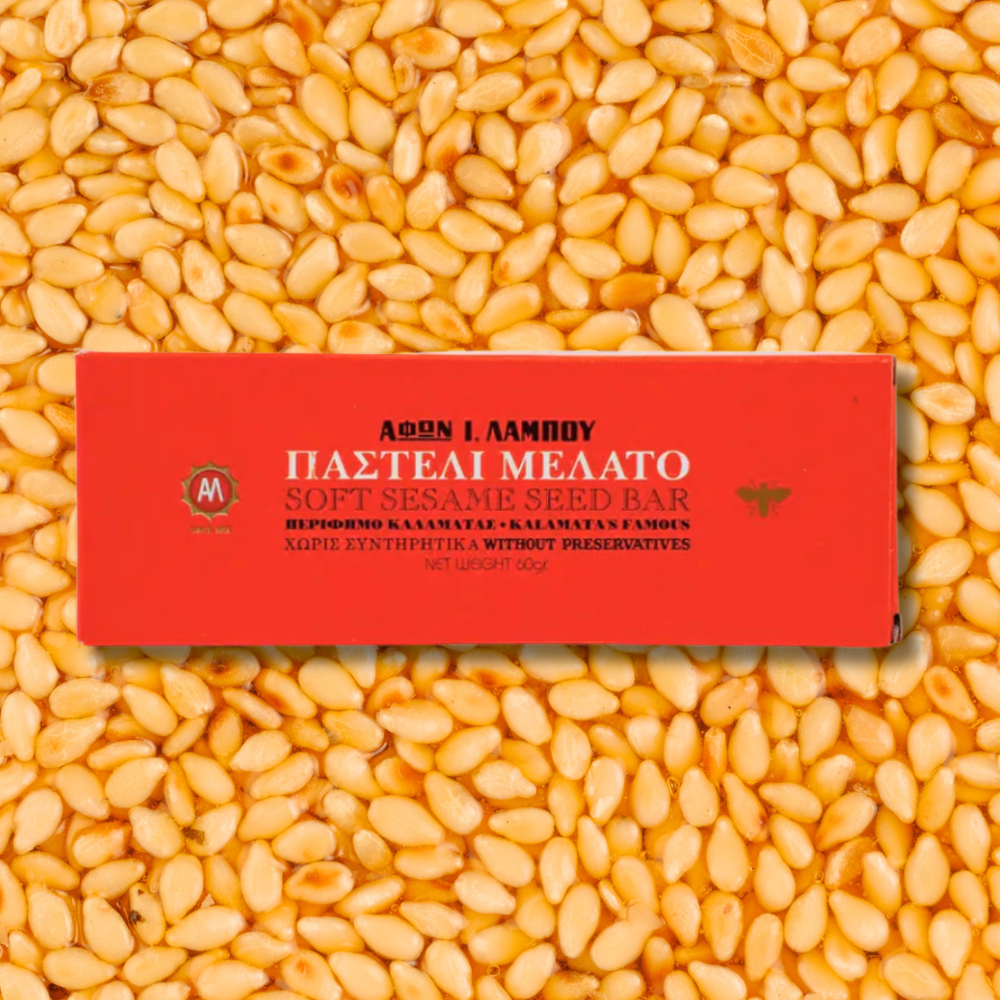 Red soap bar packaging on a background of sesame seeds