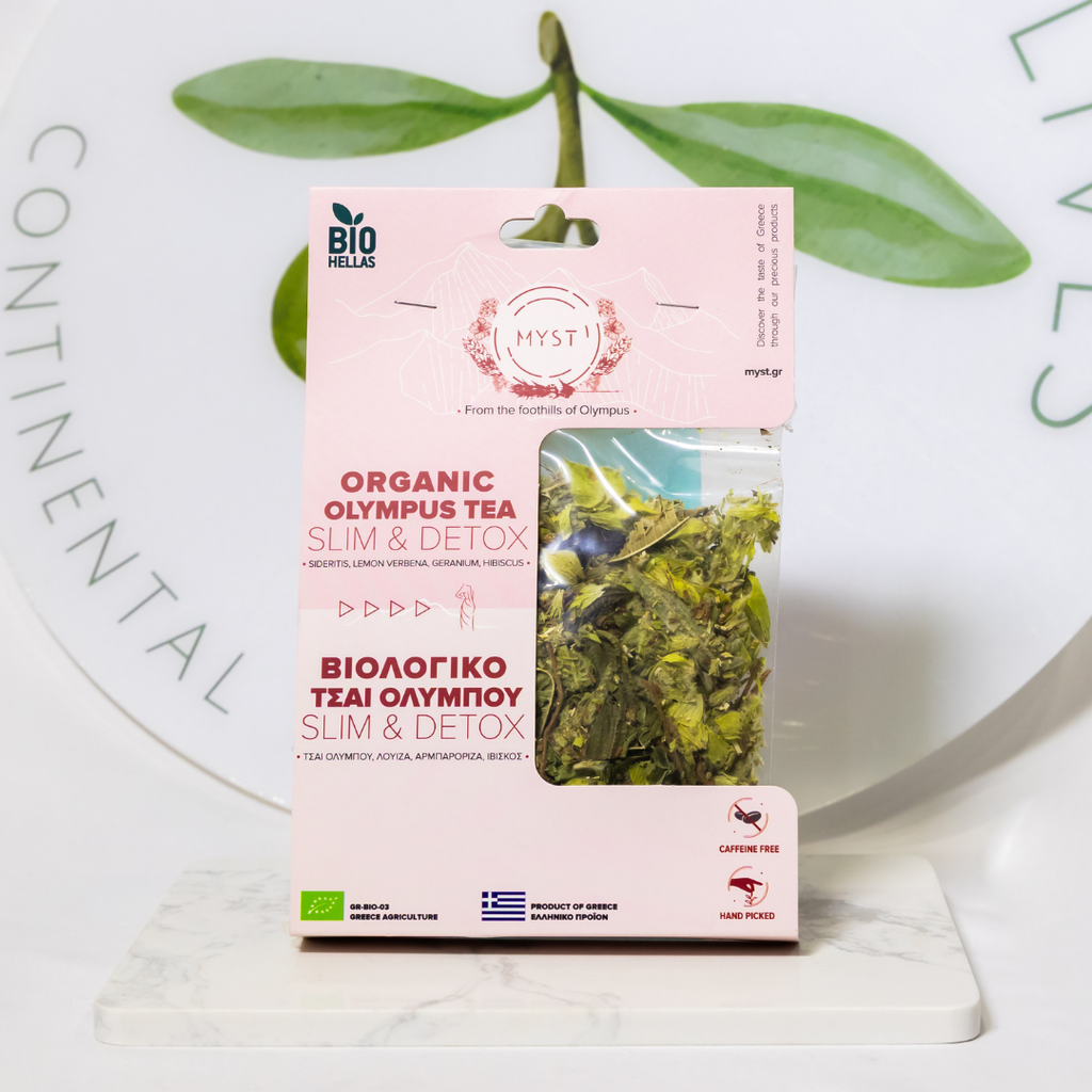 Packaging of Organic Olympus Tea Slim & Detox with green leaves on a white background