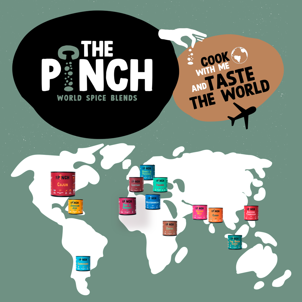 Promotional graphic for 'The Pinch World Spice Blends' with spice containers on a world map.