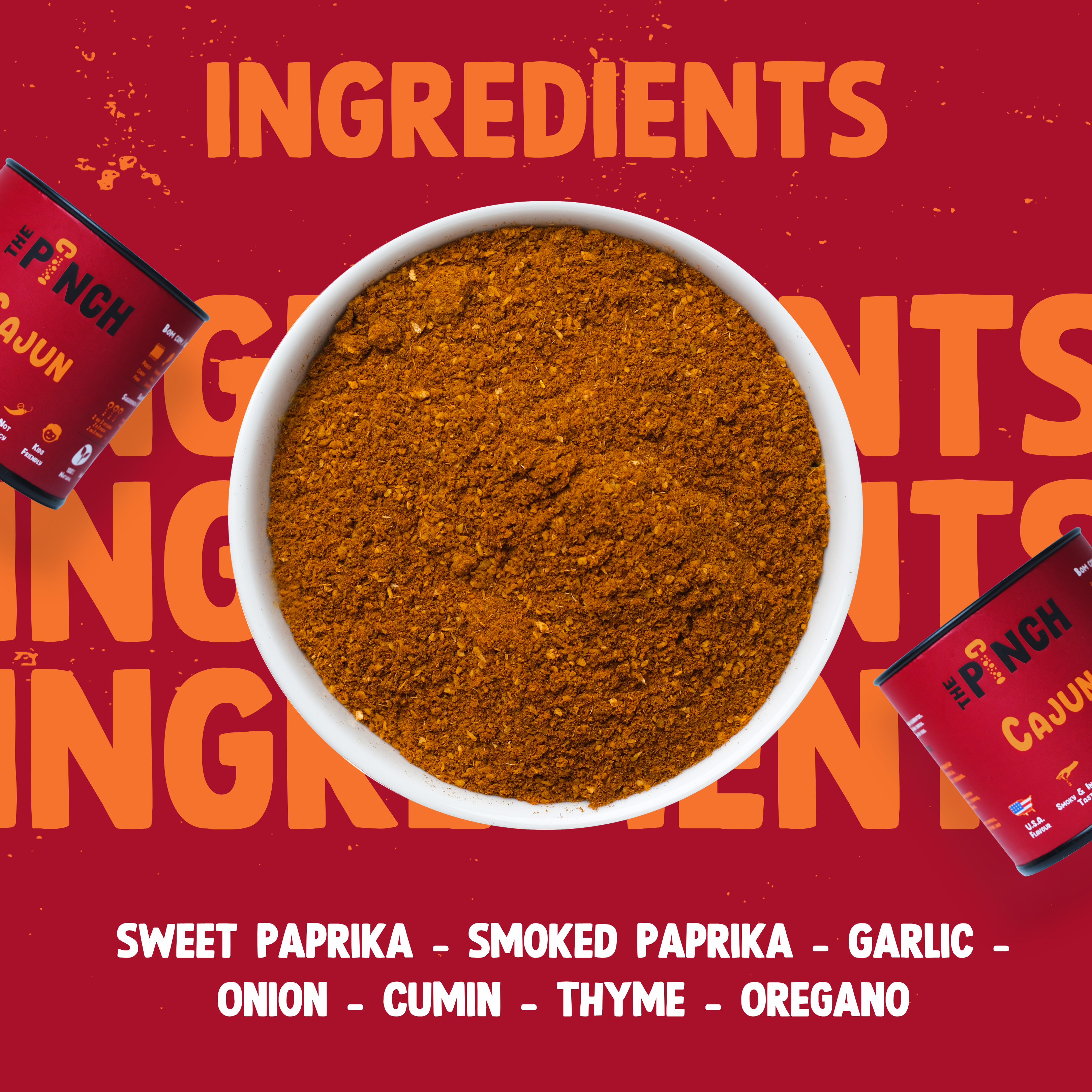 White bowl of cajun spice mix with 'The Pinch' packaging on a red background with 'INGREDIENTS' text.