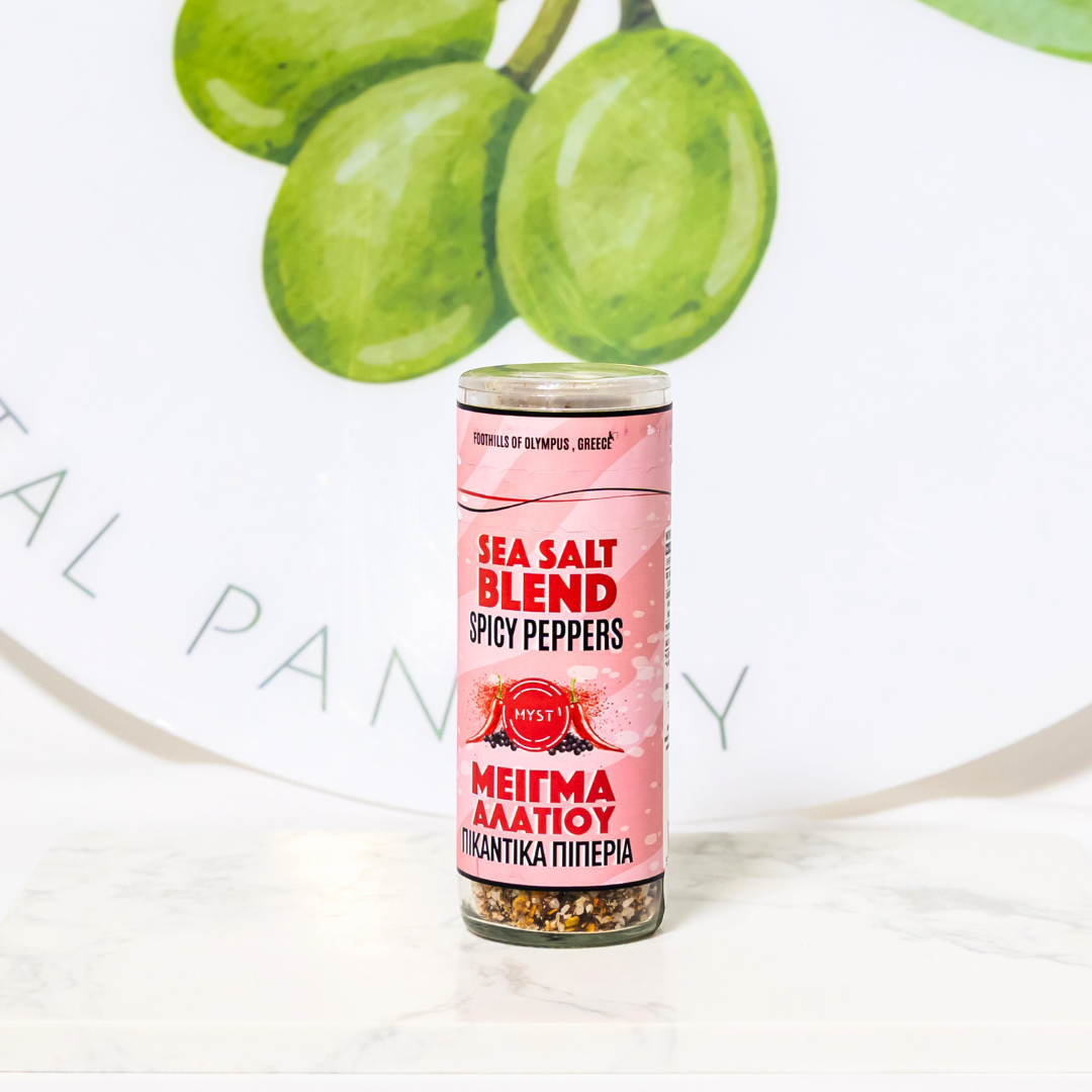 Sea salt blend container with spicy peppers on a white background