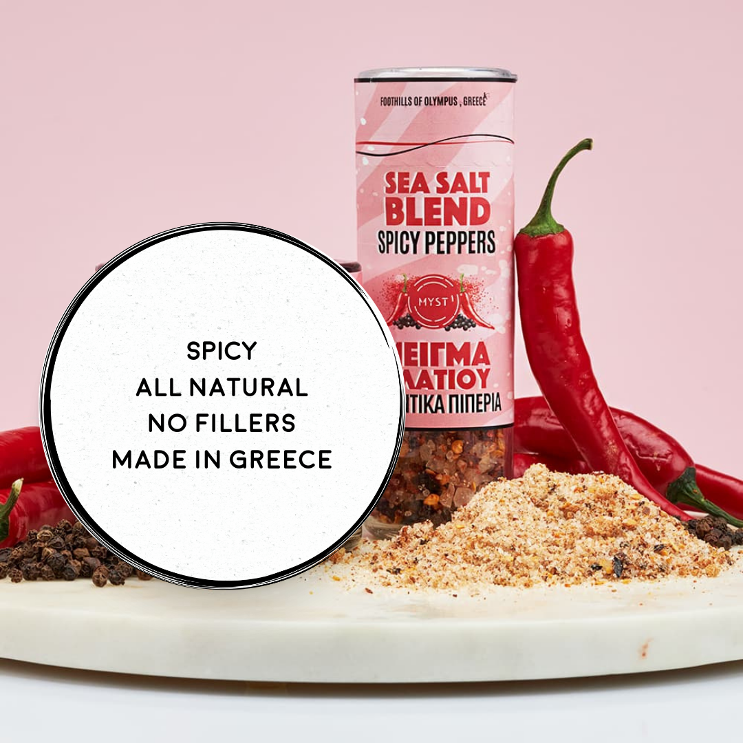 Sea salt blend with spicy peppers on a pink background