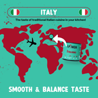 Promotional graphic for Italian seasoning with world map and airplane, featuring 'The Pinch' brand.