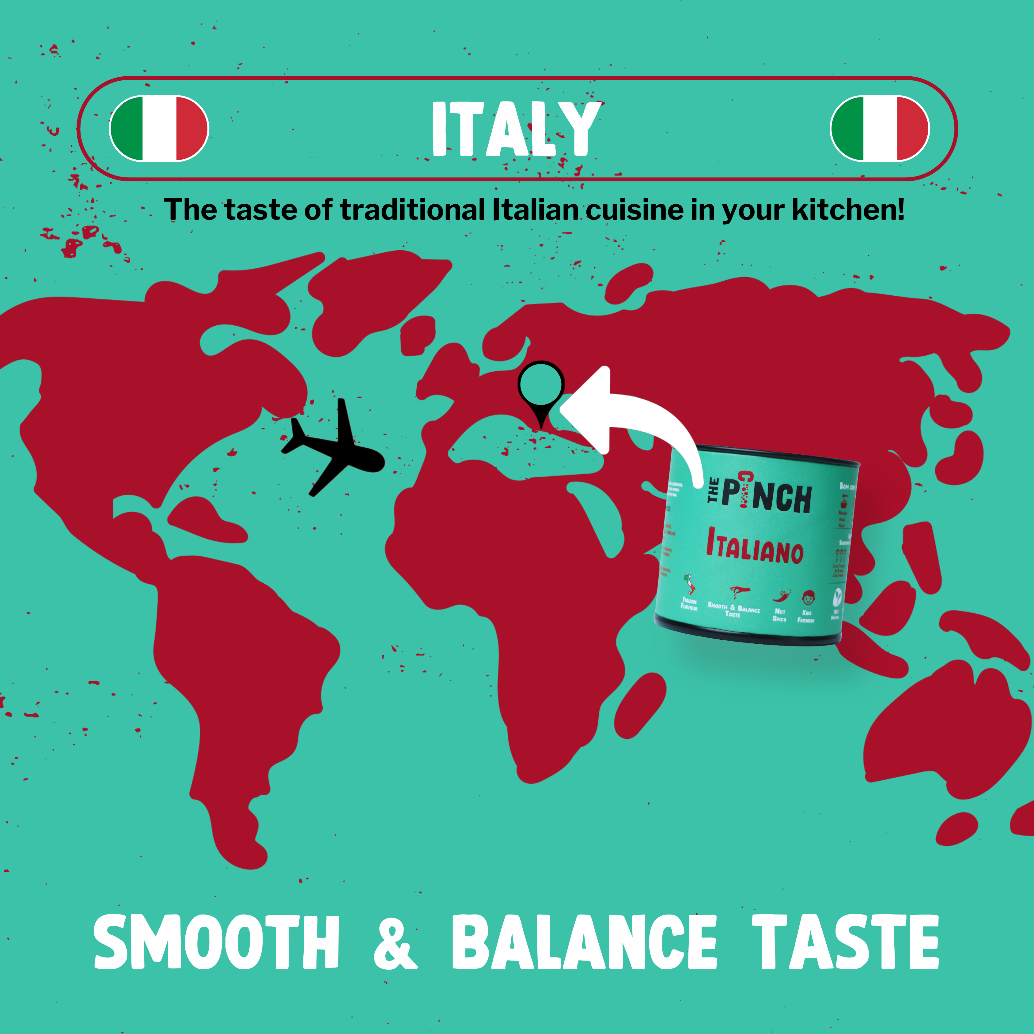 Promotional graphic for Italian seasoning with world map and airplane, featuring 'The Pinch' brand.