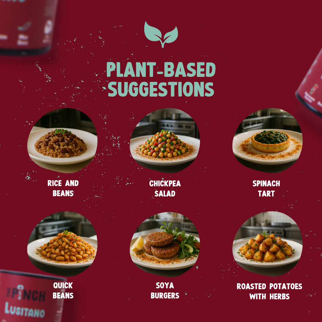 Plant-based food suggestions with images and text on a red background