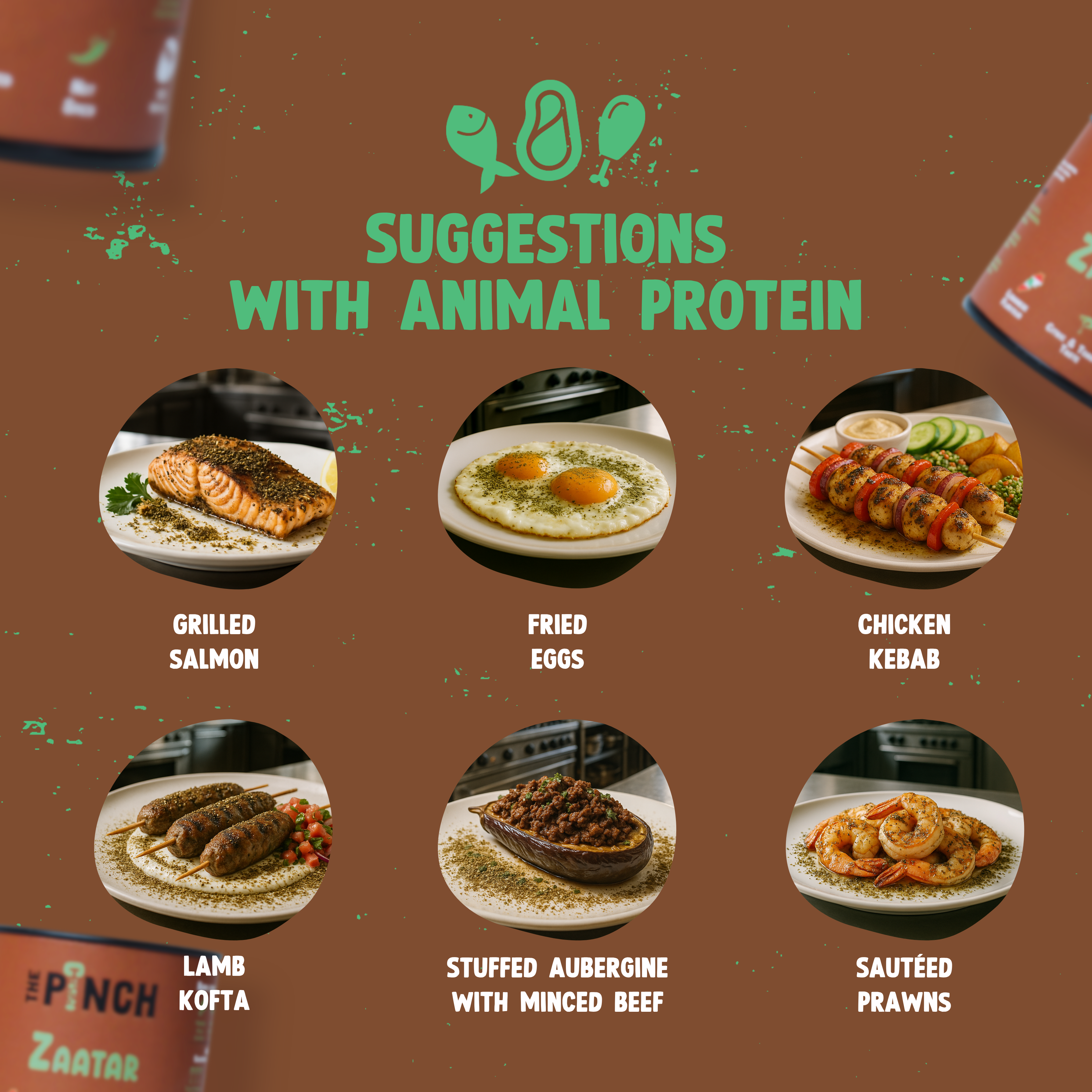Menu with suggestions of meals containing animal protein on a brown background.