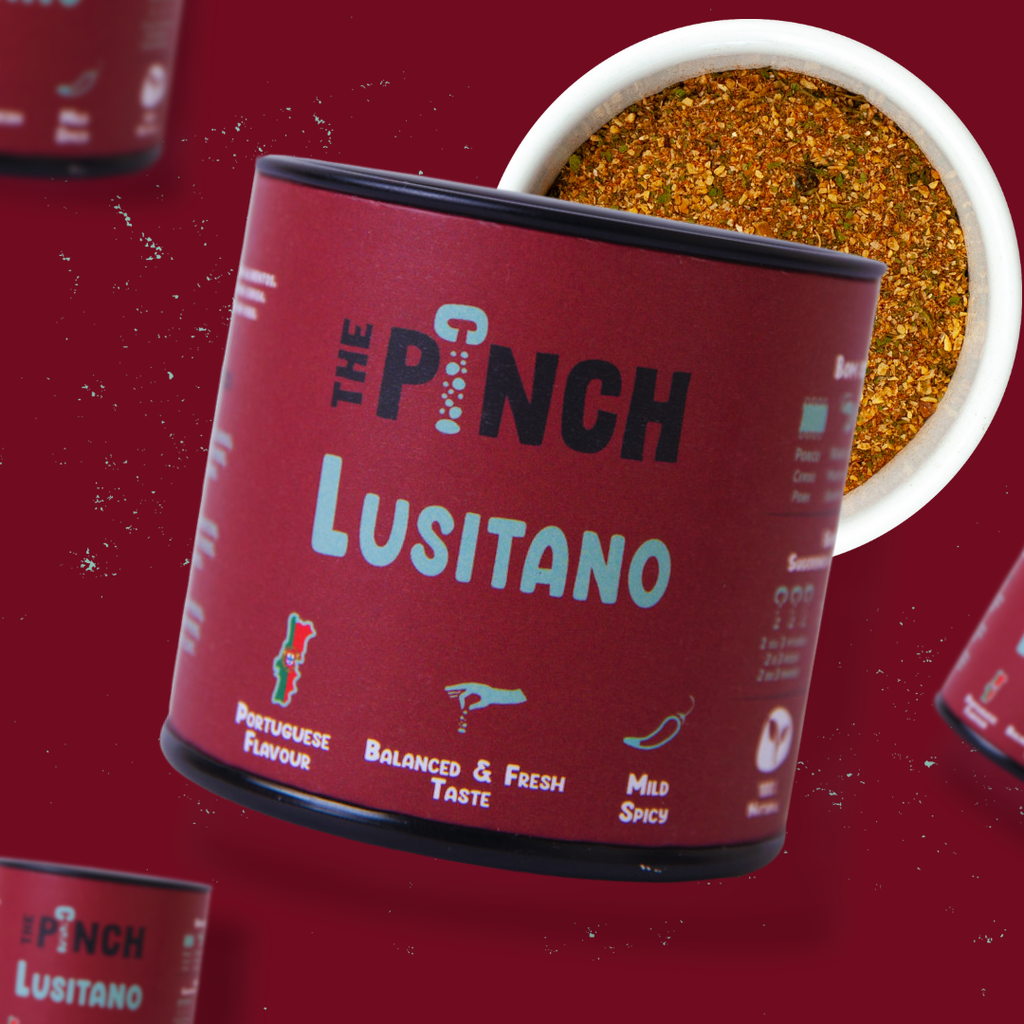 Red container labeled 'The Punch Lusitano' with a close-up of a spice mix on a red background.