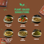 Plant-based food suggestions with images and text on a brown background