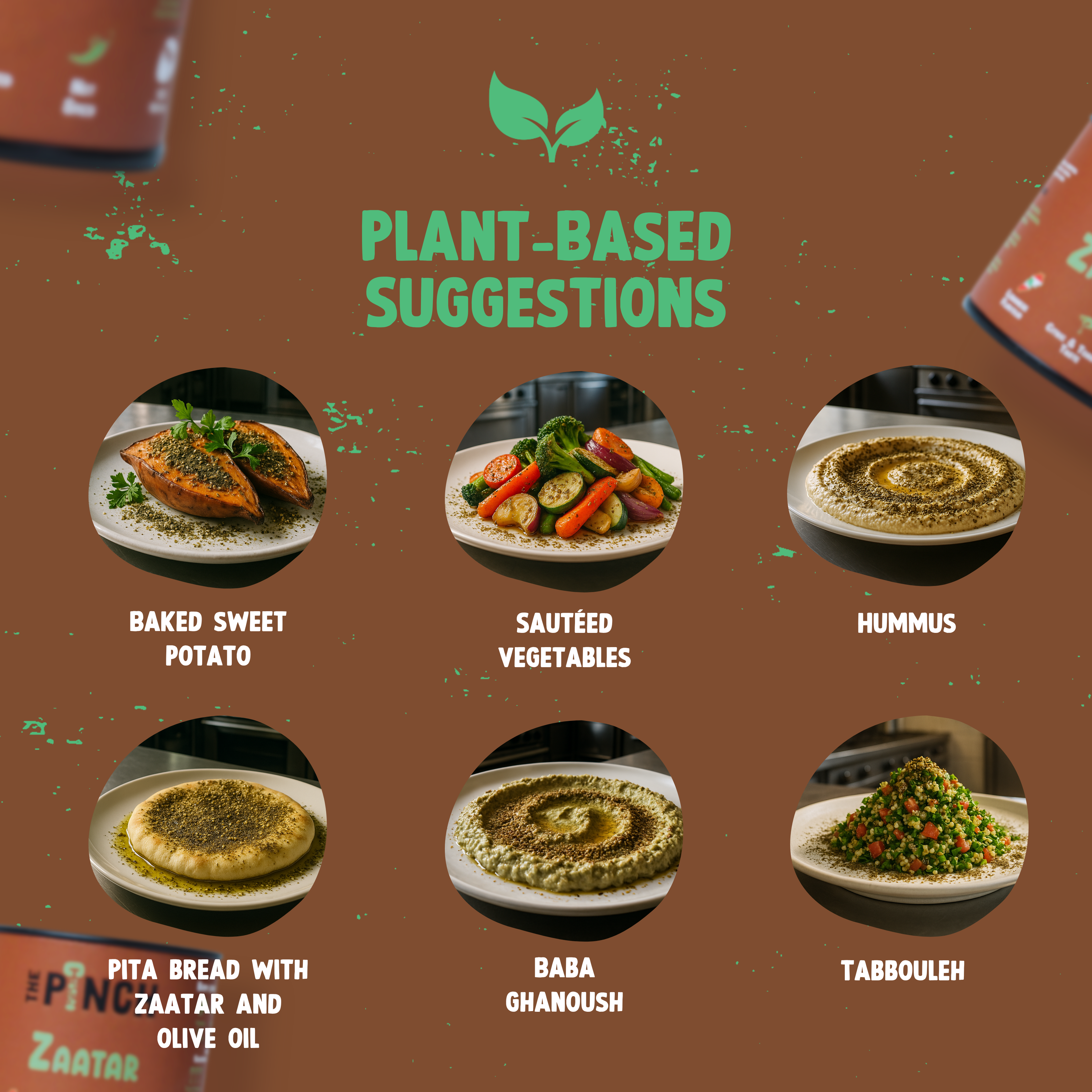 Plant-based food suggestions with images and text on a brown background