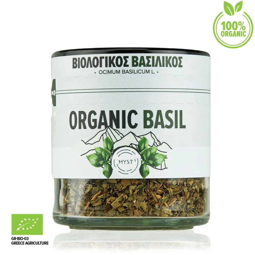 Jar of organic basil with a white label and green accents on a white background