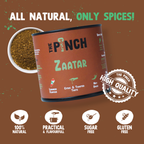 Za'atar container with text 'All Natural, Only Spices!' and 'The Pinch' branding on a brown background.
