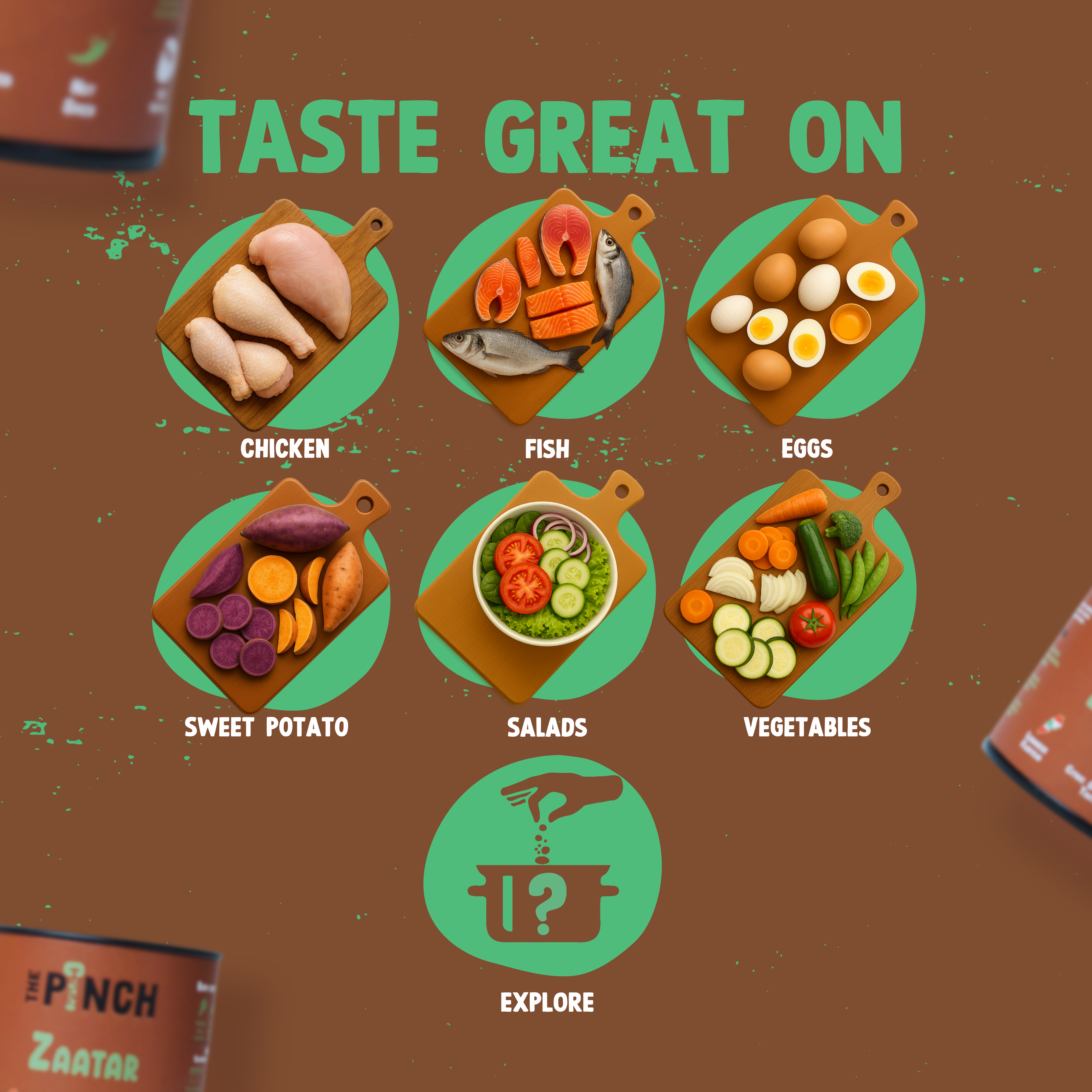 Illustrations of food items with text on a brown background, featuring 'Taste Great On' branding.